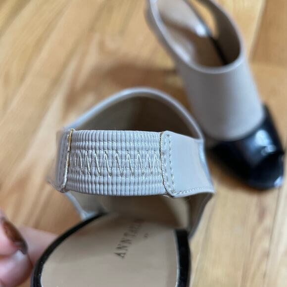 Ann Taylor spats style open toed heels taupe black patent 6 - Picture 4 of 9